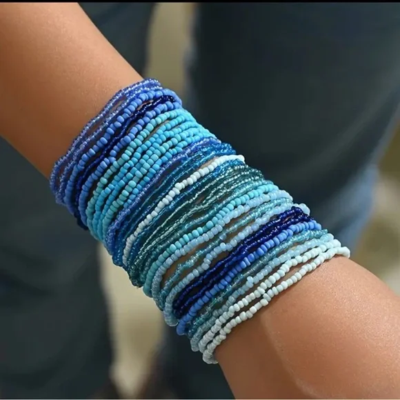 New Boho Blue Beaded Bracelet Set - Picture 1 of 1